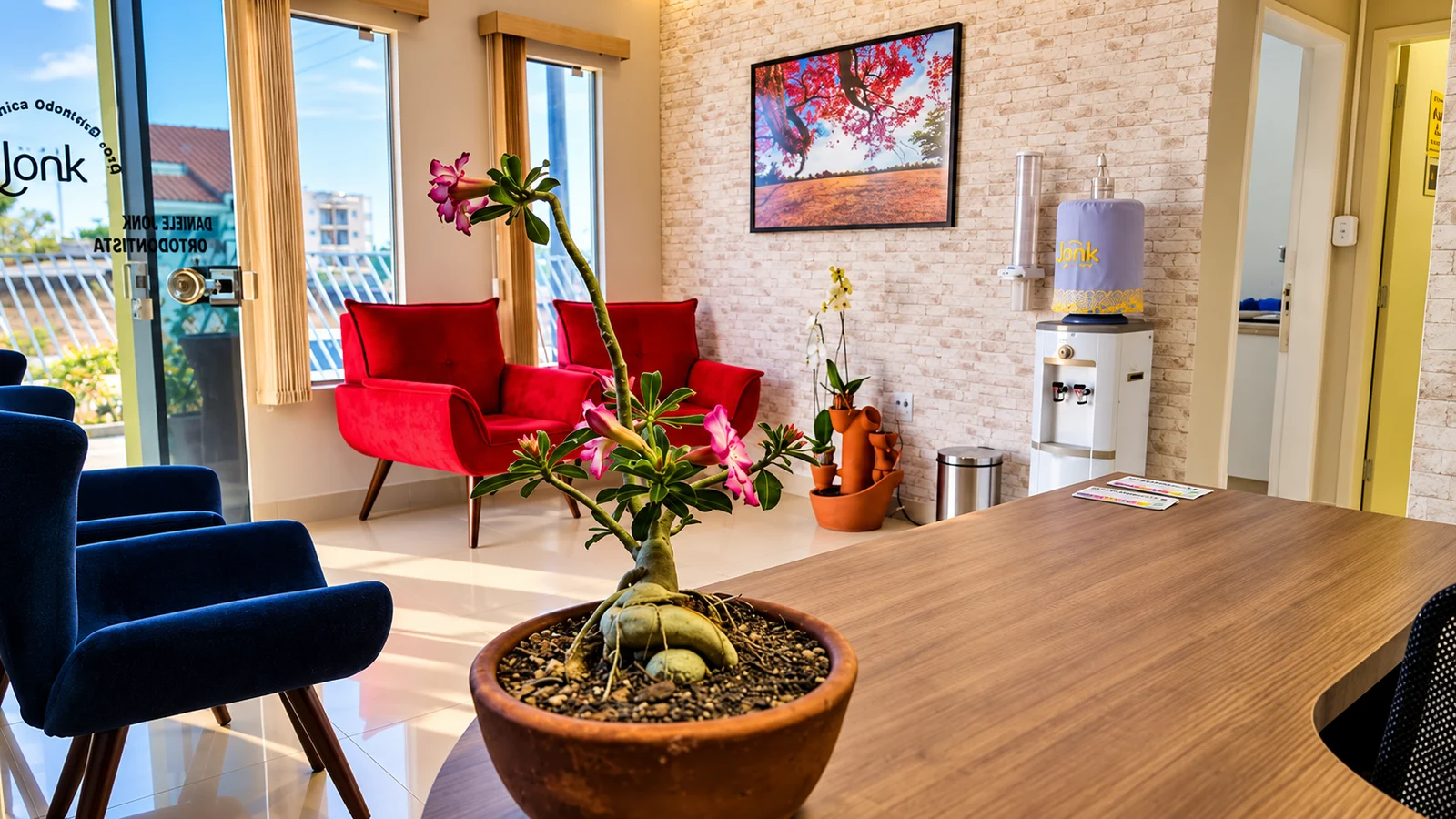 Sala de espera da Clínica Jönk, com poltronas, flores e luz natural